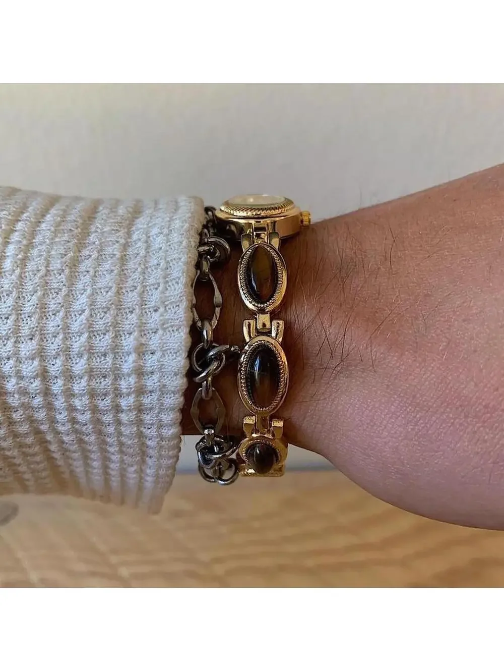 Y2k style Dainty cute Gold style tone quartz watch with brown jade stone opal